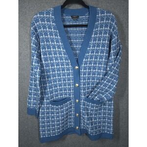 Talbots Petite Small Cardigan  Merino Wool Blue‎ Plaid Classic Preppy Heritage